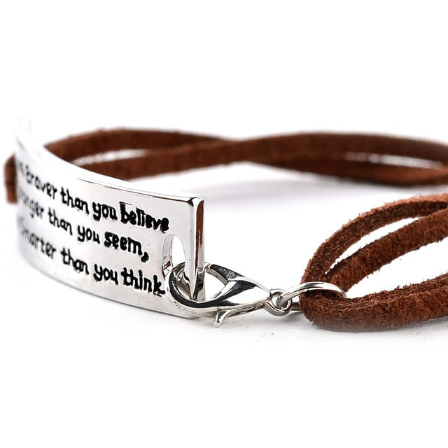 "You are Braver Than you Believe Stronger than you seem" Inspirational Motivational Leather Bracelet